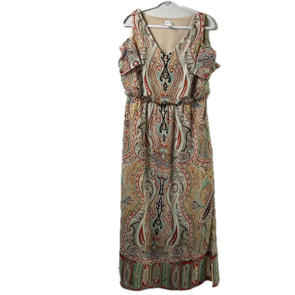 Chicos Maxi Dress Womens L 2‎ Tan Orange Paisley Blouson Cold Shoulder V Neck
